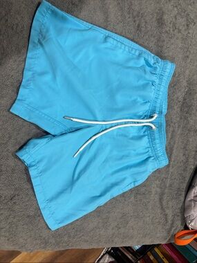 Kids Bright Blue Elastic Waist Swim Trunks with White Drawstring